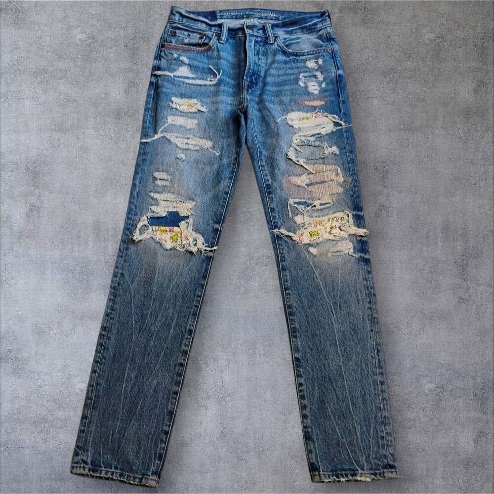 Rare American Eagle X Keith Haring Slim Fit Thrashed Jeans Mens 28x32 Sleaze HTF